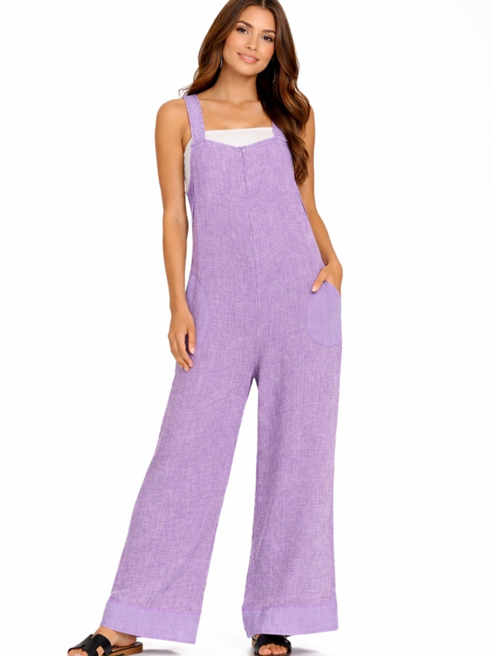 Zenana Lavender Wide-Leg Gauze Overalls